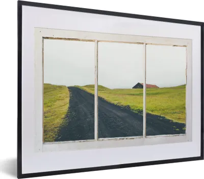 Produktbild von MuchoWow® MuchoWow® Gerahmtes Poster Aussicht - Straße - Gras 40x30 cm - Poster mit zchwarzem Bilderrahmen - Bilderrahmen - Poster im Rahmen