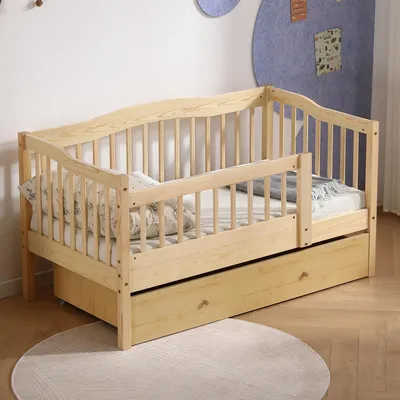 Obrázek produktu pro Dětská postýlka FCH s zásuvkami, rozměry 70x140 cm, postýlka ve tvaru domku s roštovou základnou, podlahová postýlka s úložným prostorem a odnímatelnou zábranou, v přírodním provedení