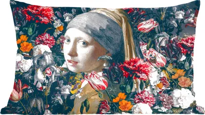 Produktbild von MuchoWow® Zierkissen Sofakissen Wohnzimmer Dekokissen 50x30 cm Das Mädchen mit dem Perlenohrring - Johannes Vermeer - Blumen - Wohnzimmerdekoration - Polster mit Photo