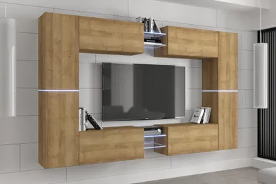Obrázek produktu pro Furnitech Obývací stěna - Nábytek do obývacího pokoje s LED RGB - 16 barev - Moderní závěsná skříňka - Police a TV skříňka (C20N-21DZ-M6-1A)