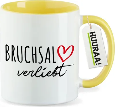 Produktbild von Huuraa Kaffeetasse Bruchsal verliebt 330ml Gelb Keramik Kaffeebecher Geschenkidee