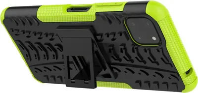 A black and lime green phone case with a kickstand is shown from a side angle.