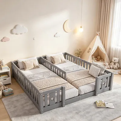 Zdjęcie produktu dla Łóżeczko dziecięce INONEFT, 90x200 cm, z barierami ochronnymi, łóżeczko Montessori dla niemowląt z zabezpieczeniem i listwami, łóżko na podłodze, łóżko dwuosobowe, łóżko drewniane, kolor: szary