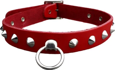 Produktbild von Lederhalsband mit Spitznieten 1-reihig - O-Ring - Choker - Gothic Punk Halsband aus Leder rot