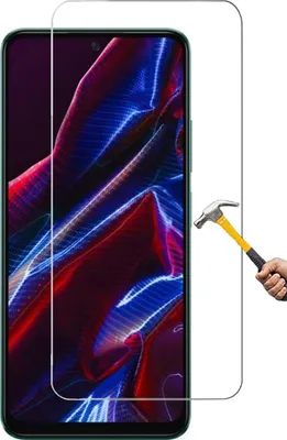 A screen protector is shown on a smartphone, with a hammer about to strike it to demonstrate its durability.