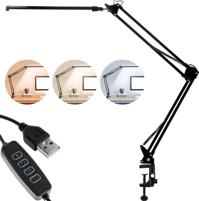 Produktbild von LUMILED LED 8W Schreibtischlampe Schwenkarm Büro Schwarz Tischlampe Helligkeit Einstellbarer CCT Farbwechsel USB Verstellbarer Arm Klemme Dimmbar