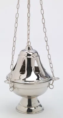 Produktbild von Weihrauchfass mit Kette zum Hängen aus Messing vernickelt Silber Höhe 17 cm mit Innenschale aus Stahl für die Räucherkohle