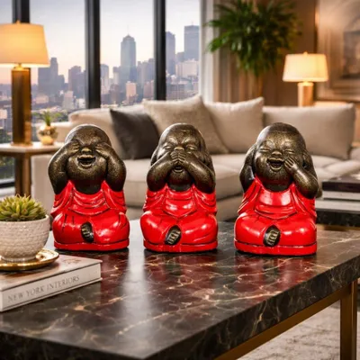 Produktbild von 3er Set SHAOLIN Figuren Rot aus Zement Buddha Figur Dekoration
