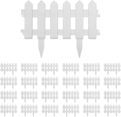 A top view of multiple white plastic fence borders arranged in rows on a white background.