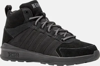 A black K-Swiss sneaker boot is shown against a white background.