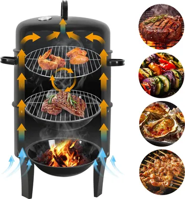 Produktbild von Izrielar 3 in 1 Smoker Räuchertonne  Ø 40 cm Räucherofen Holzkohlegrill Räuchergrill BBQ Grilltonne