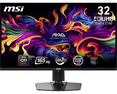 Produktbild von MSI MAG 321UPDE - OLED-Monitor - Gaming - 81.3 cm (32") (31.5" sichtbar) - 3840 x 2160 UHD @ 165 Hz - 1000 cd/m² - 1500000:1 - DisplayHDR 400 True Black - 0.03 ms - 2xHDMI, DisplayPort, USB-C - Schwarz