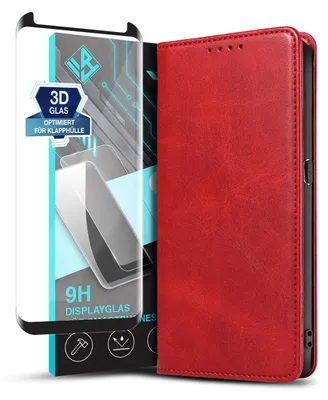 Produktbild von Handyhülle für Samsung Galaxy S9 mit 9H Displayglas Kunstleder Flip Cover Hülle Klapphülle Case Kartenfach Farbe: Rot