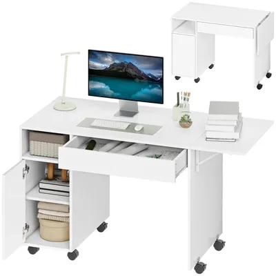 Image de Bureau informatique sur roulettes - Bureau pliable - Rangement avec étagère et tiroirs - Panneau de particules - Blanc