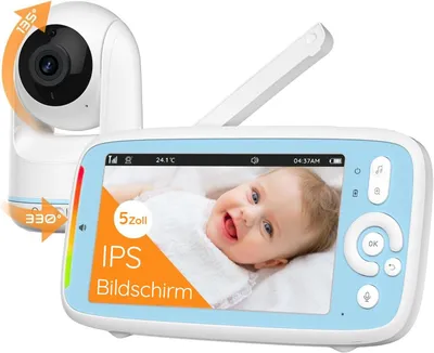 Image de Babyphone avec caméra écran 5 pouces 720P IPS PTZ 360° View 3×Zoom mode VOX babyphone vision de nuit surveillance de la température berceuses audio bidirectionnel