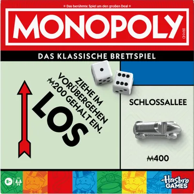 The image is the front cover of a Monopoly board game box, showing the game's logo, title, and some game elements like dice and a game piece.