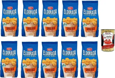 Produktbild von Amica Chips Eldorada Grigliata Salzige Kartoffelchips mit gewelltem Schnitt 10x 130g glutenfreie knusprige Kartoffel chips + Italian Gourmet polpa 400g