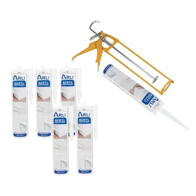 Produktbild von ARLI Kartuschenpresse aus Metall + 6x Acryl 310 ml Dichtstoff Weiß Bauacryl Fugendichter Maleracryl - Set