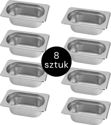 Zdjęcie produktu dla Pojemnik GN na posiłki gastronomiczny ze stali nierdzewnej 1/9 Mega-M, 176x108x65mm, zestaw 8 szt.