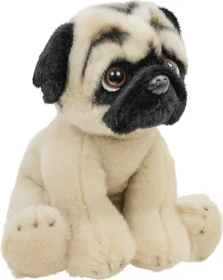 A plush toy pug sitting down.