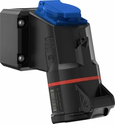 A close-up studio shot of a black and blue electrical connector.