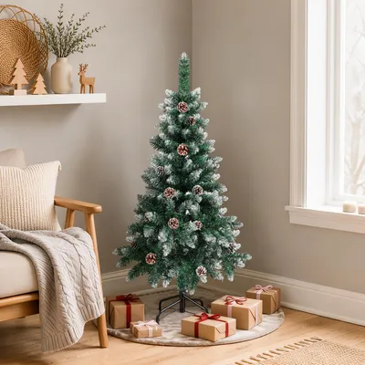 Obrázek produktu pro Umělá vánoční stromek Peviasot, výška 120 cm, zelená barva, s 15 šiškami a efektem sněhu, 180 větví, materiál PVC, kovový stojan