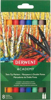 Zdjęcie produktu dla Derwent Academy, 8 szt., Wielobarwny, Końcówka pędzlowa, Wielobarwny, Okrągły, Atrament na bazie wody