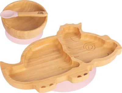 Produktbild von 3pc Pastellrosa Kinder Bambus Dinosaurier Teller, Schüssel & Löffel-Set mit Silikon-Saugnapf - Segmentiertes Design Baby & Kleinkind Entwöhnung Geschirr - Umweltfreundlich & Biologisch Abbaubar - Von Tiny Dining