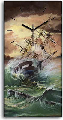 Produktbild von Wanduhr Uhr Wandbild Leinwand 30x60 Gemälde Boot Schiff Ozean Sturm Wellen - schwarze Hände