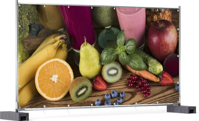 Produktbild von Wallario XXL Outdoor-Poster für Garten oder Balkon, Motiv Bunte Smoothies mit Obst in der Küche, in ca. 340 x 173 cm