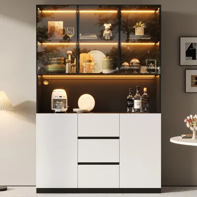 Obrázok produktu pre Vitrína, vysoká skrinka, 120x40x200 cm, biela + čierna, s LED osvetlením