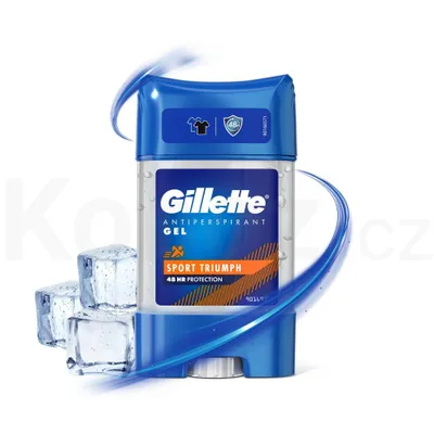 A Gillette Sport Clear Gel Antiperspirant product with ice cubes and blue swirls.