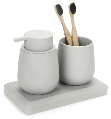Immagine prodotto di Set da bagno composto da 3 elementi: dispenser per sapone, bicchiere per lo spazzolino e vassoio, colore beige, realizzato in plastica ABS