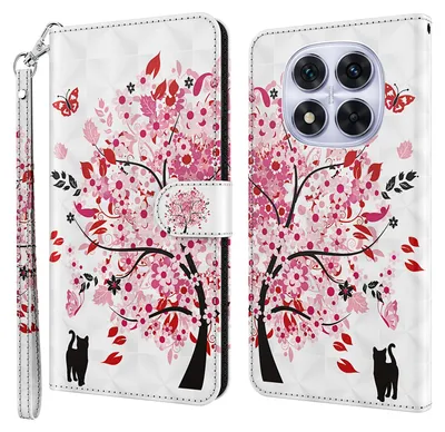 Produktbild von CLM-Tech Handyhülle kompatibel mit Xiaomi Redmi Note 14 Pro 5G Hülle - Tasche aus Kunstleder - Klapphülle mit Ständer und Kartenfächern - Schutzhülle Wallet Case Cover Baum rosa weiß