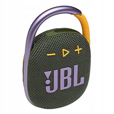 A JBL Clip 4 Bluetooth speaker in green, purple, and yellow.