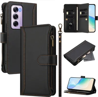 Obrázek produktu pro Pouzdro pro Oppo Reno12 Pro, zipem, peněženkovéPolyuretankožené flip pouzdro s kapsami na karty, stojánkem a poutkem na ruku černý