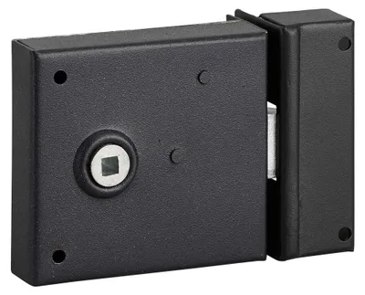 Obrázek produktu pro Horizontální zámek pro vnitřní dveře, pouze 1/2 otočný šroub, 60mm čep, 6mm čtverec, 85x76mm, černý - THIRARD