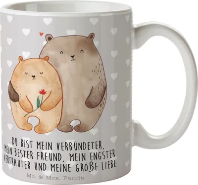Produktbild von Mr. & Mrs. Panda Kaffeetasse Bären Liebe - Grau Pastell - Geschenk, Kuscheln, haferl, cappuccinotasse, Becher, Tasse, Verliebt, Heiraten, Verknallt, Blume, Beziehung
