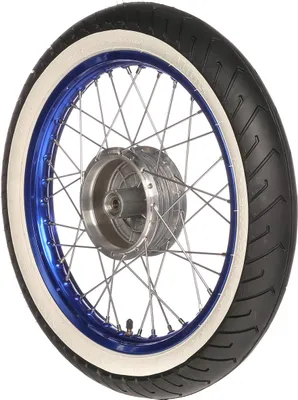 Image de Roue arrière complète 1,5 x 16 po en aluminium bleue + rayons en acier inoxydable + pneus à flancs blancs Mitas MC2