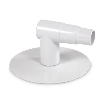 A white plastic pool skimmer adapter with a flat base and a 90-degree angled tube.