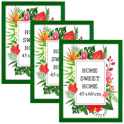 Produktbild von MG Design Set aus 3 Grün Bilderrahmen 45 x 60 cm - Aus echtem Holz mit Acrylglas, zum Aufhängen & Aufstellen, für Fotos, Poster & Puzzle