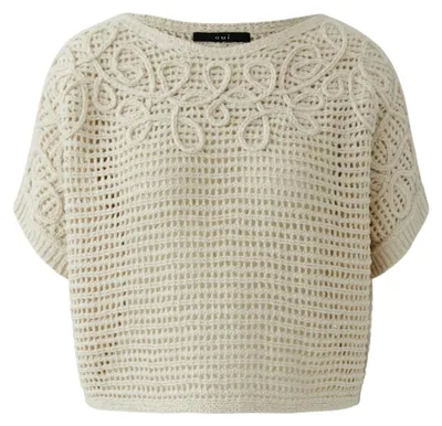 Produktbild von Oui Damen Pullover Oversized kurz Netzoptik Kurzarm U-Bootausschnitt Gr. 40 biscuit