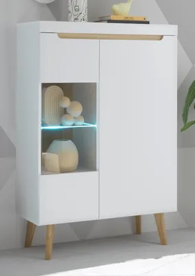 Produktbild von Highboard Isgard in weiß matt und Scandi Eiche Vitrine skandinavisch 90 x 134 cm