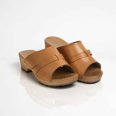 Produktbild von Damen Holzclogs Hellbraun in veganer Lederoptik – Klassische Pantoletten mit Holzsohle 35