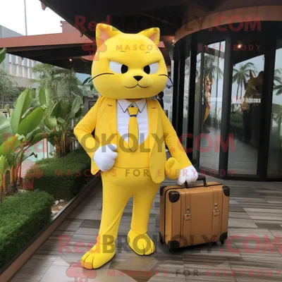 Produktbild von Maskottchenkostüm REDBROKOLY Gelbe Katze mit Anzughose und Handtasche