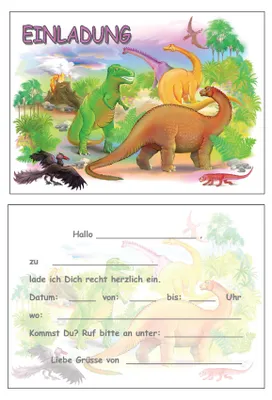 Produktbild von 8 Einladungskarten Kinder Geburtstag Einladungen Dinosaurier TRex Langhals Dinos Tiere