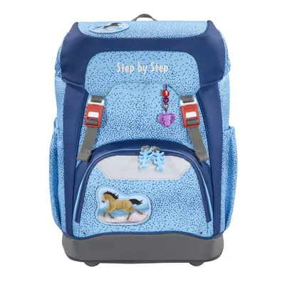 A blue school backpack with a horse design and decorative charms.