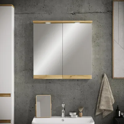 Produktbild von VCM Badspiegelschrank mit Beleuchtung und Steckdose – Spiegelschrank Bad mit 2 Türen und 2 Fächern – Badezimmerschrank hängend – H. 59 x B. 60 x T. 23 cm, Cosila