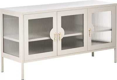 Produktbild von BELIANI Sideboard Hellbeige Metall mit Riffelglas 3 Türen 2 Fächer Industrie Loft Design Homeoffice Büroschrank Metallschrank Vitrine Vitrinenschrank