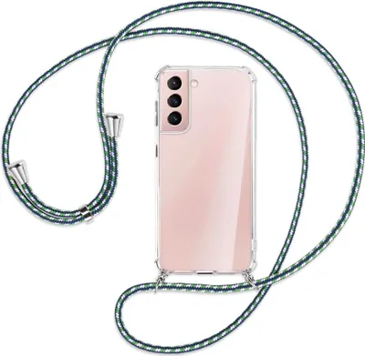 Produktbild von Handykette Backcover-Schutzhülle mit Band (Metall silberfarben) für Samsung Galaxy S21 Plus 5G - grün/blau/weiß
